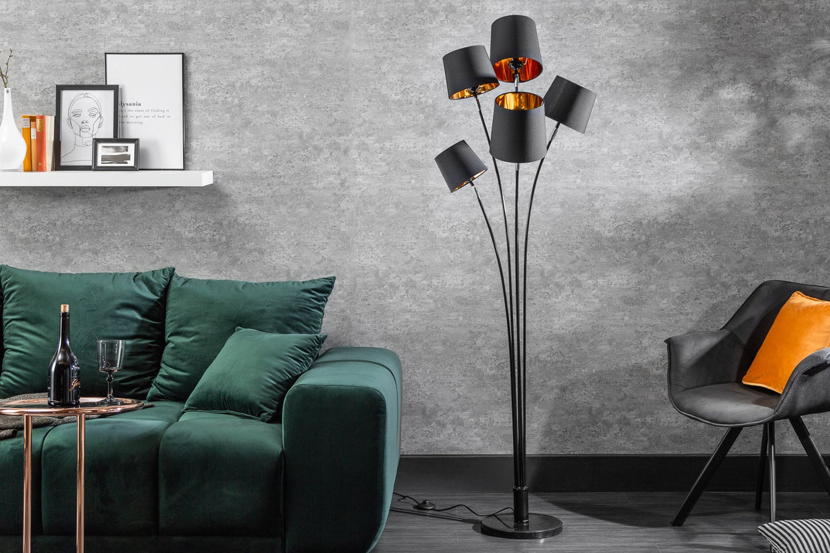 Lampadaire design LEVELS 176cm avec 5 abat-jour en lin lampadaire noir doré