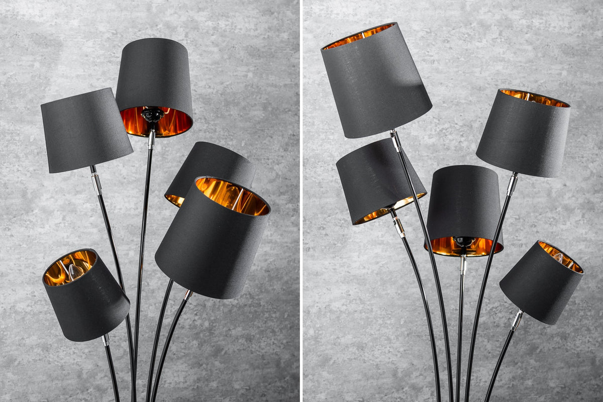Lampadaire design LEVELS 176cm avec 5 abat-jour en lin lampadaire noir doré