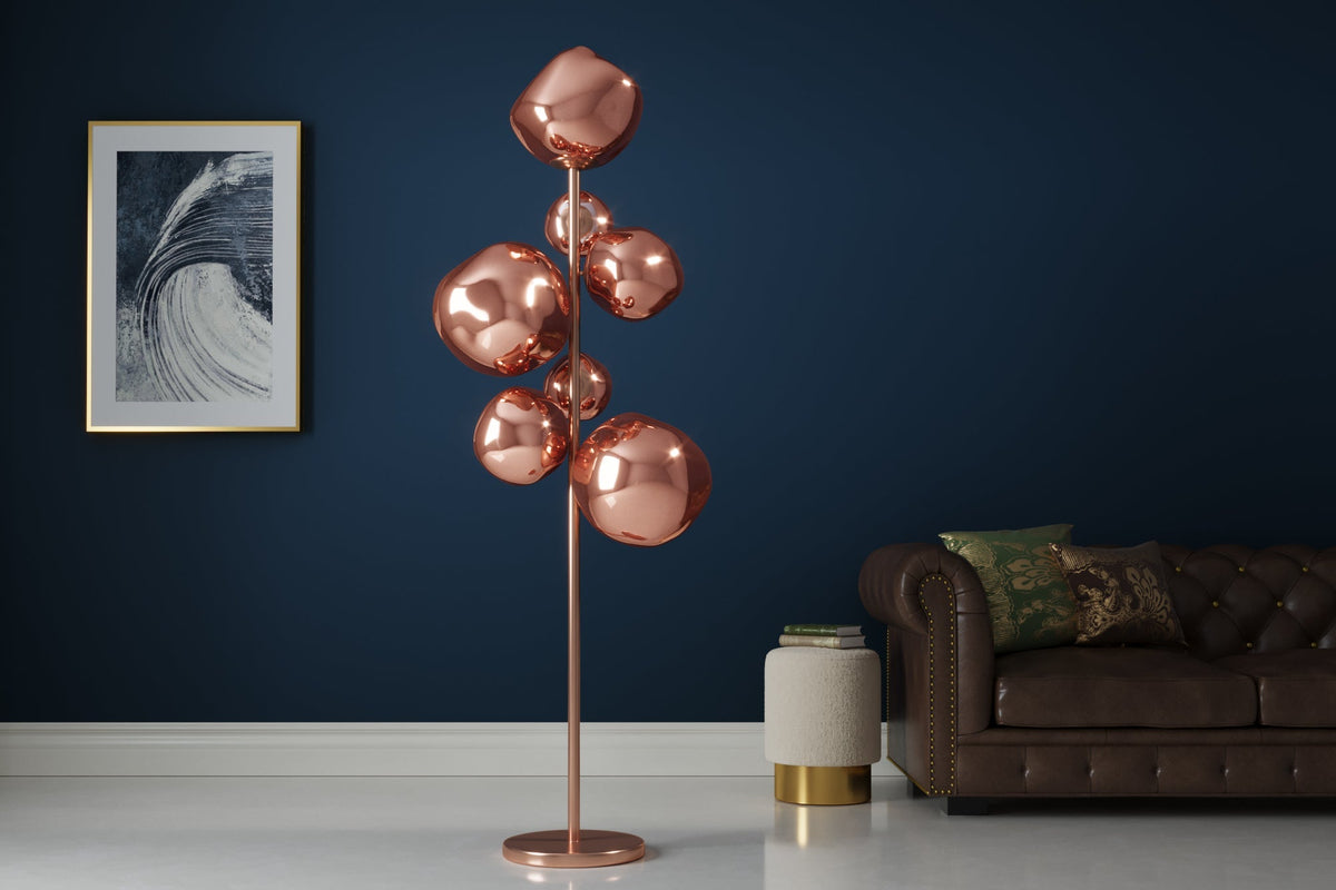 Lampadaire design LIQUID DIAMOND 170cm cuivre verre acier sept abat-jour lampe boule