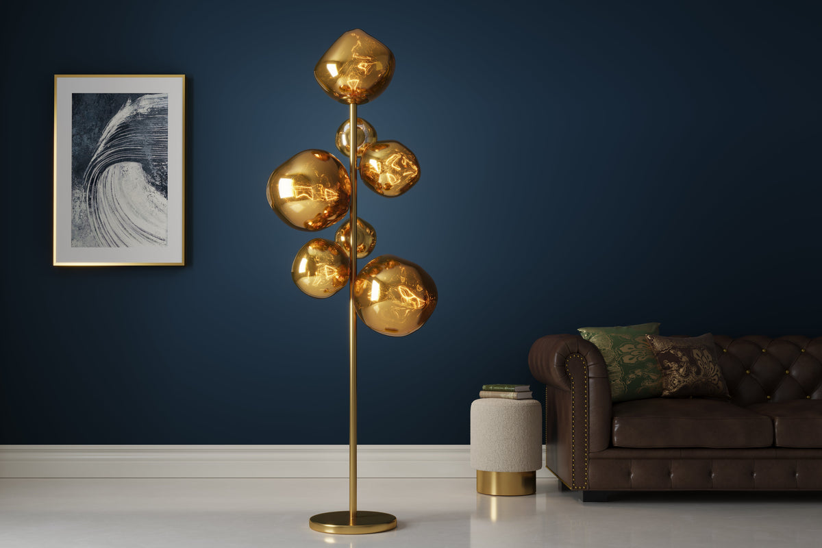 Lampadaire design LIQUID DIAMOND 170cm verre doré acier sept abat-jour lampe boule