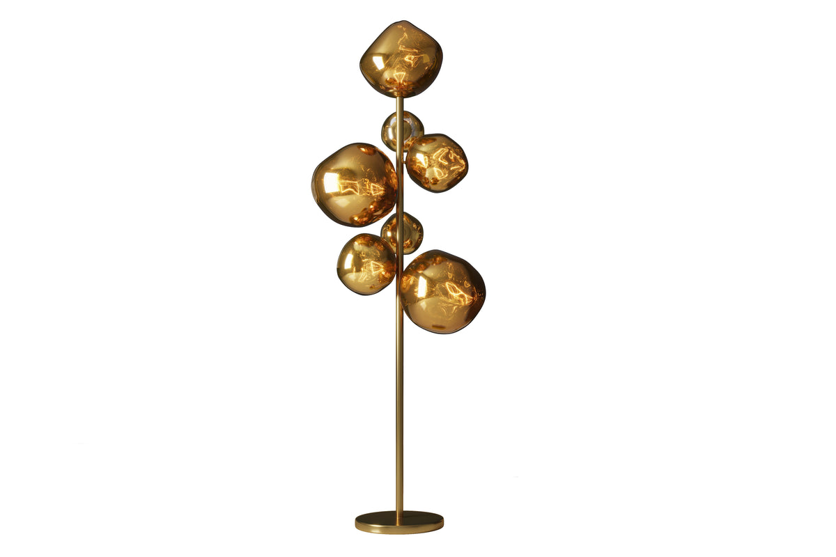 Lampadaire design LIQUID DIAMOND 170cm verre doré acier sept abat-jour lampe boule