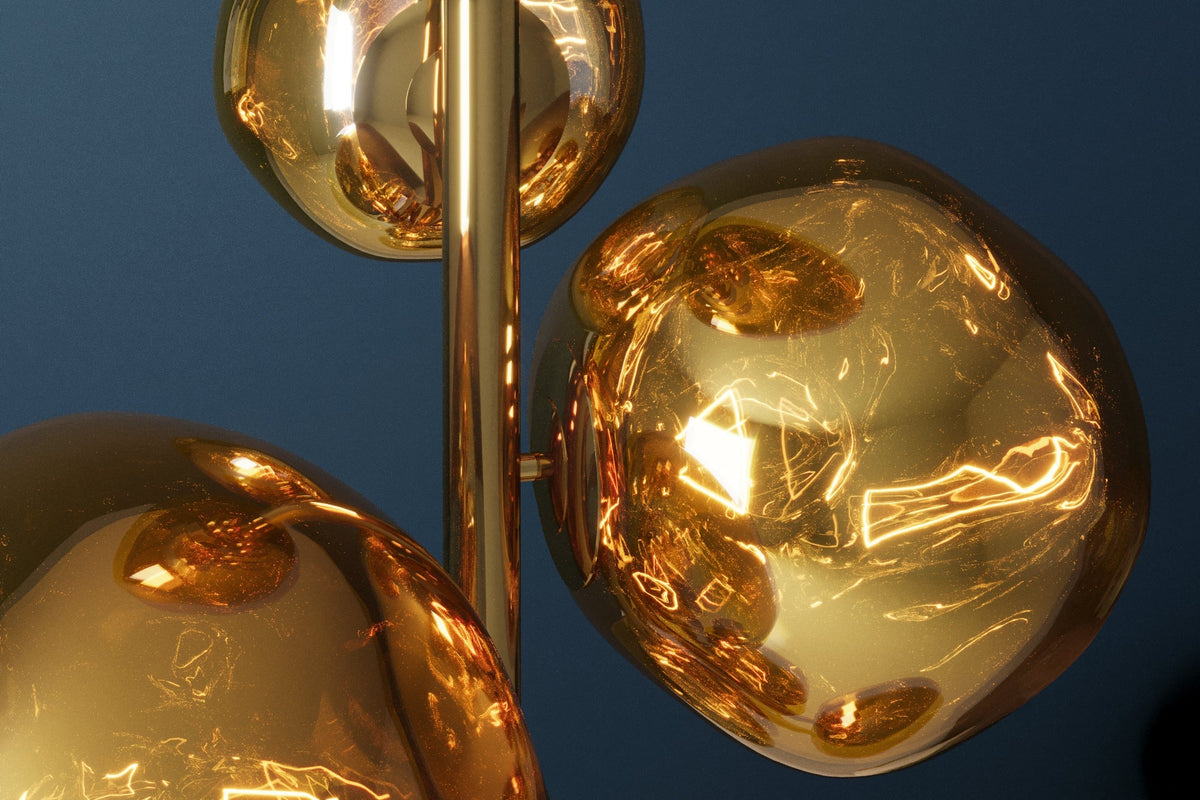 Lampadaire design LIQUID DIAMOND 170cm verre doré acier sept abat-jour lampe boule