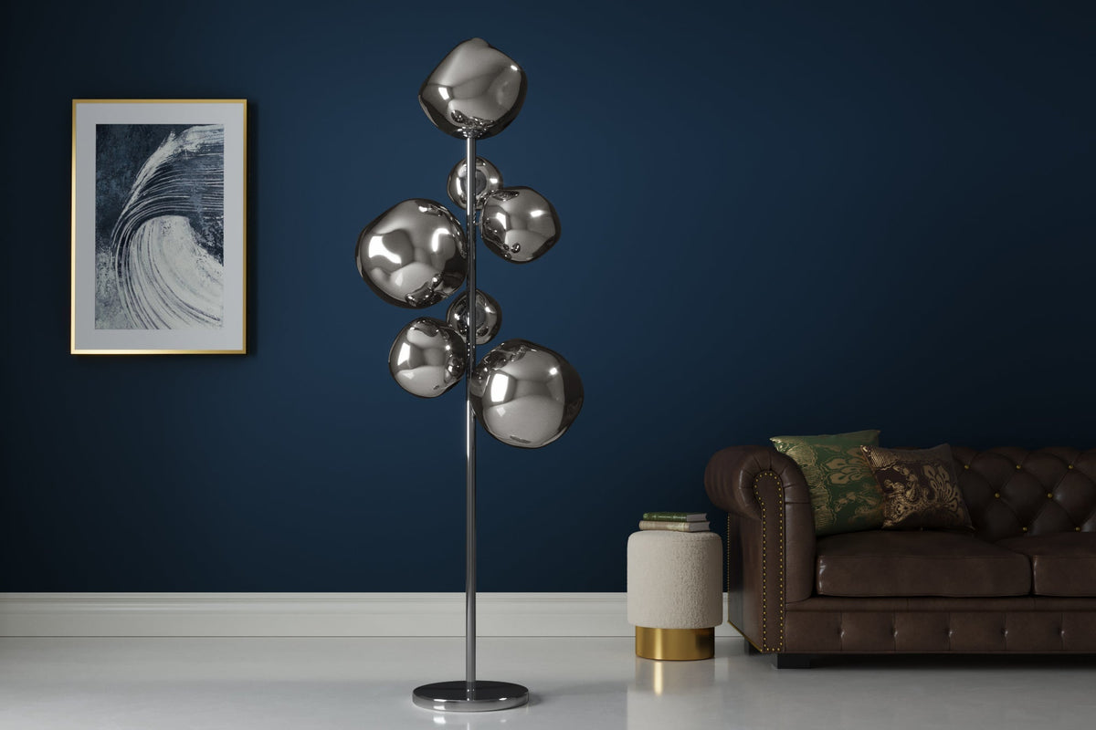 Lampadaire design LIQUID DIAMOND 170cm verre fumé acier sept abat-jour lampe boule