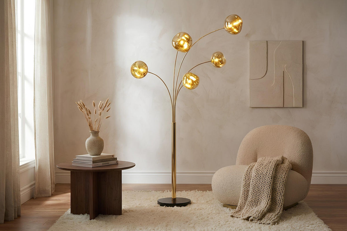 Lampadaire design LIQUID DIAMOND 200cm doré cinq abat-jour en verre avec socle en marbre