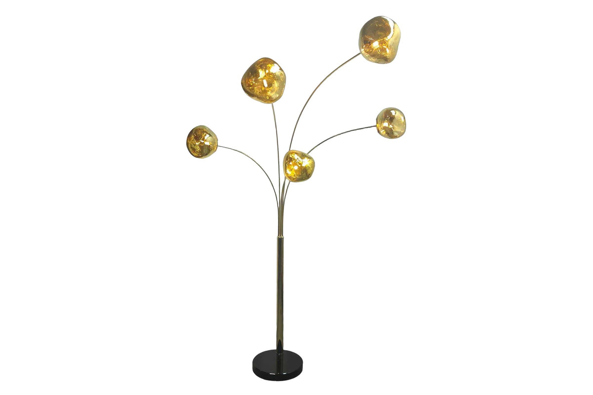 Lampadaire design LIQUID DIAMOND 200cm doré cinq abat-jour en verre avec socle en marbre