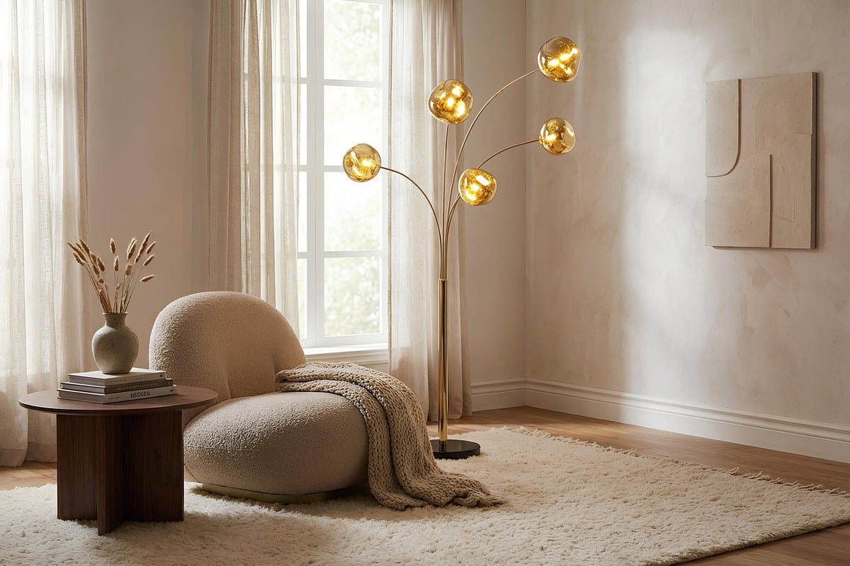 Lampadaire design LIQUID DIAMOND 200cm doré cinq abat-jour en verre avec socle en marbre