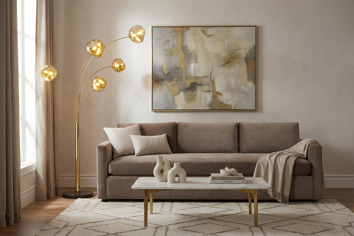 Lampadaire design LIQUID DIAMOND 200cm doré cinq abat-jour en verre avec socle en marbre