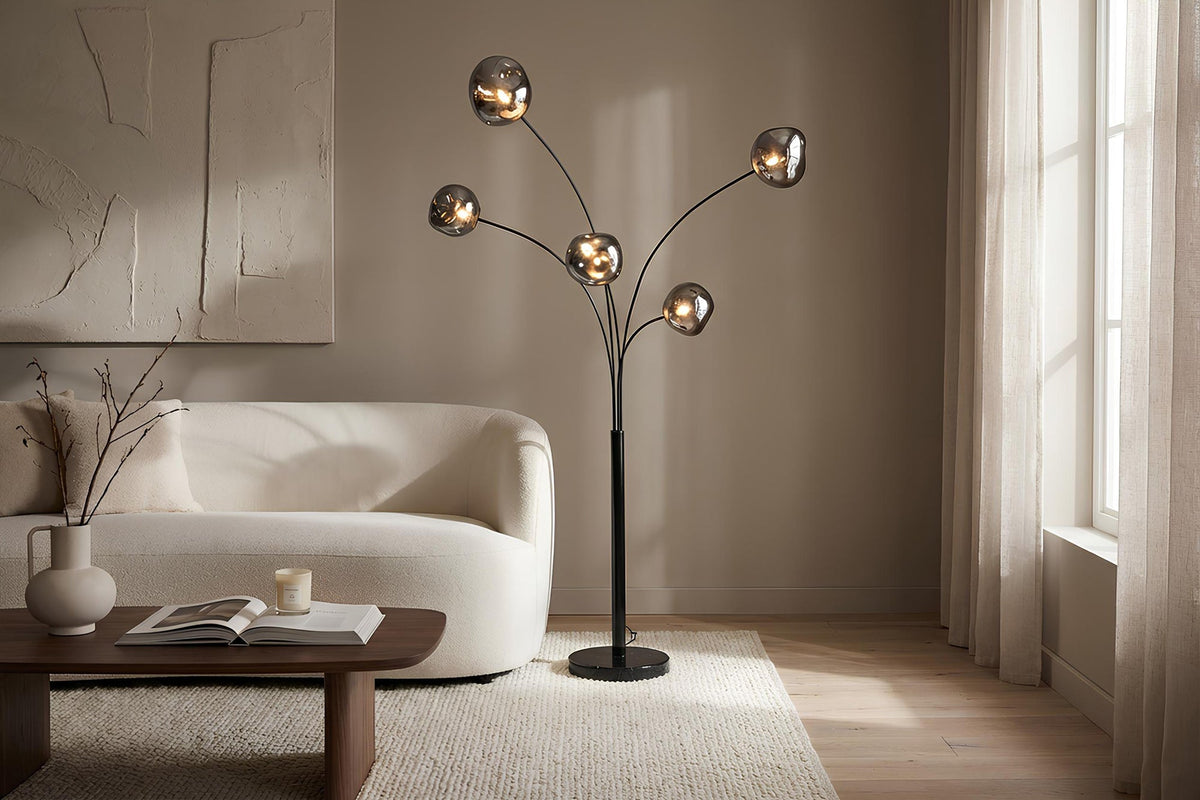 Lampadaire design LIQUID DIAMOND 200cm noir gris fumé cinq abat-jour en verre avec socle en marbre