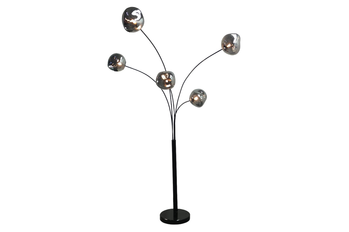 Lampadaire design LIQUID DIAMOND 200cm noir gris fumé cinq abat-jour en verre avec socle en marbre