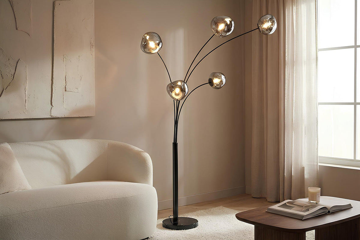 Lampadaire design LIQUID DIAMOND 200cm noir gris fumé cinq abat-jour en verre avec socle en marbre