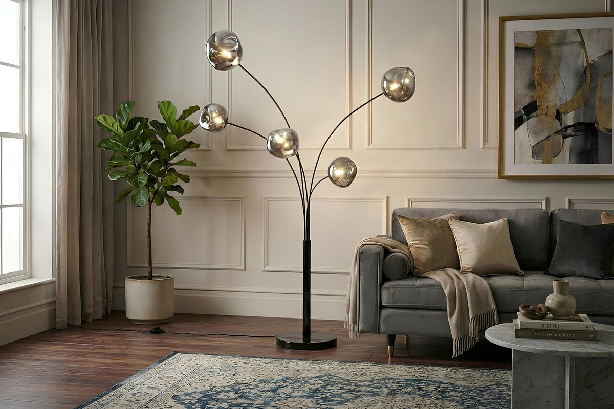 Lampadaire design LIQUID DIAMOND 200cm noir gris fumé cinq abat-jour en verre avec socle en marbre