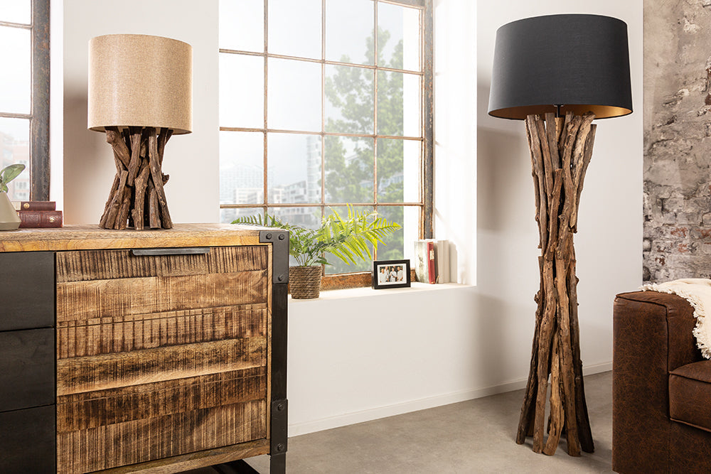 Lampadaire en bois massif HARMONY NATURE 151cm teck noir abat-jour en coton