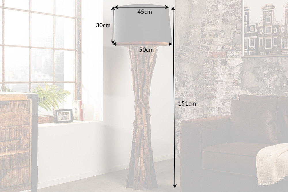 Lampadaire en bois massif HARMONY NATURE 151cm teck noir abat-jour en coton