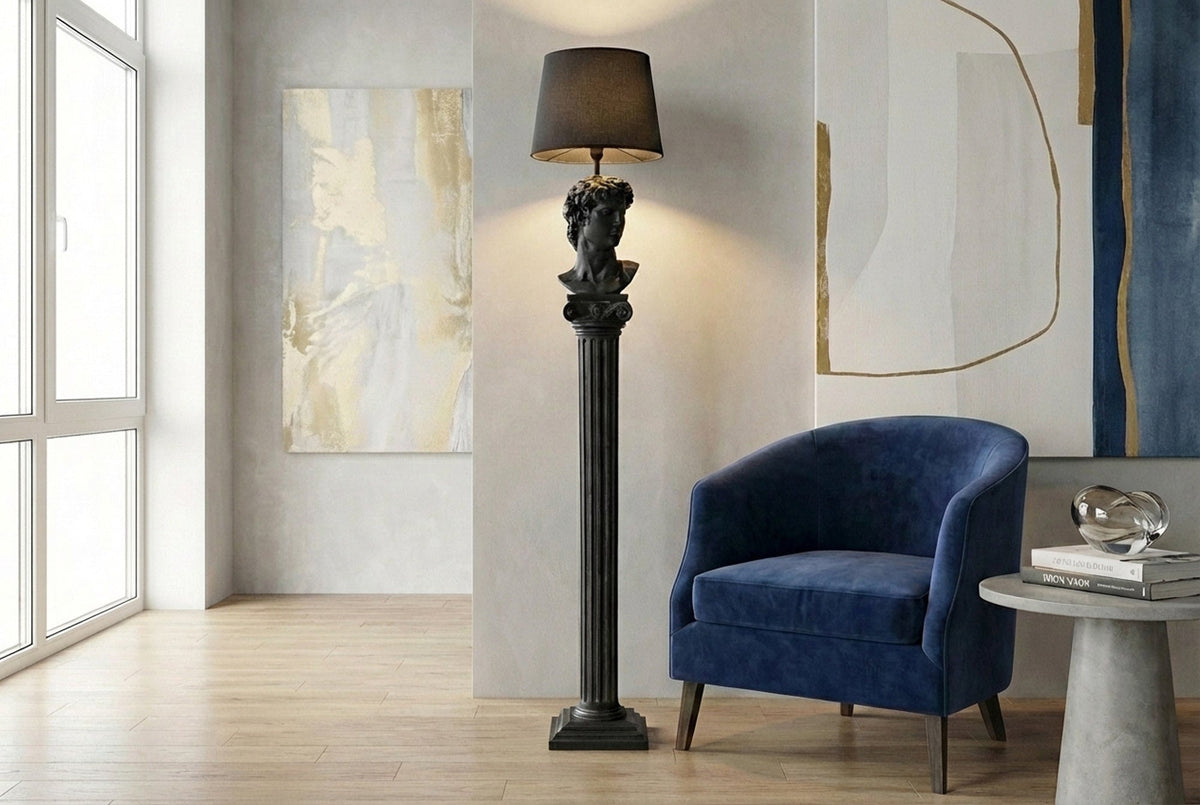 Lampadaire fait main DAVID 120cm noir avec abat-jour buste en tissu