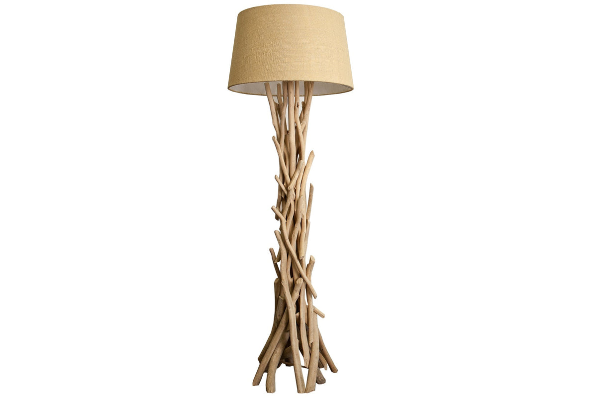 Lampadaire fait main en bois flotté WILD NATURE 155cm sable avec abat-jour en lin