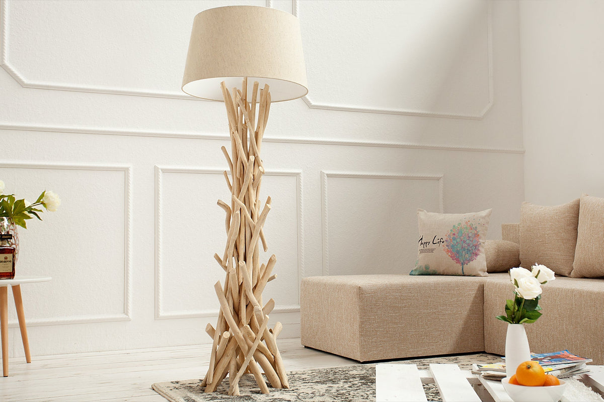 Lampadaire fait main en bois flotté WILD NATURE 155cm sable avec abat-jour en lin