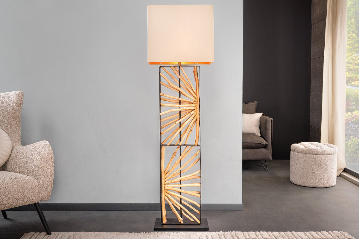 Lampadaire fait main EUPHORIA 165cm bois de longane naturel beige avec abat-jour
