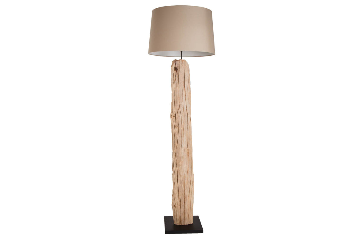 Lampadaire fait main ROUSILIQUE 180cm lampe en bois flotté beige abat-jour en lin tronc d’arbre
