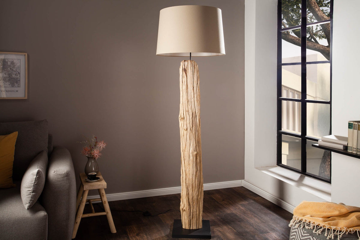 Lampadaire fait main ROUSILIQUE 180cm lampe en bois flotté beige abat-jour en lin tronc d’arbre