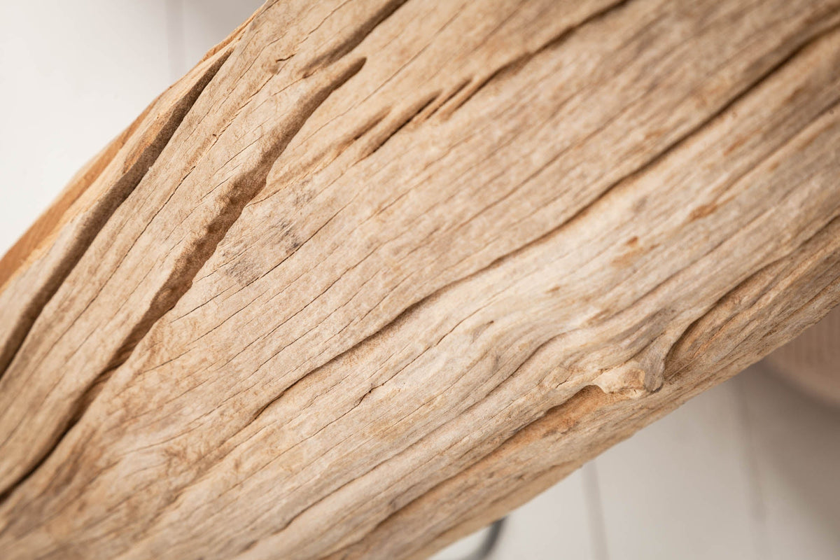 Lampadaire fait main ROUSILIQUE 180cm lampe en bois flotté beige abat-jour en lin tronc d’arbre