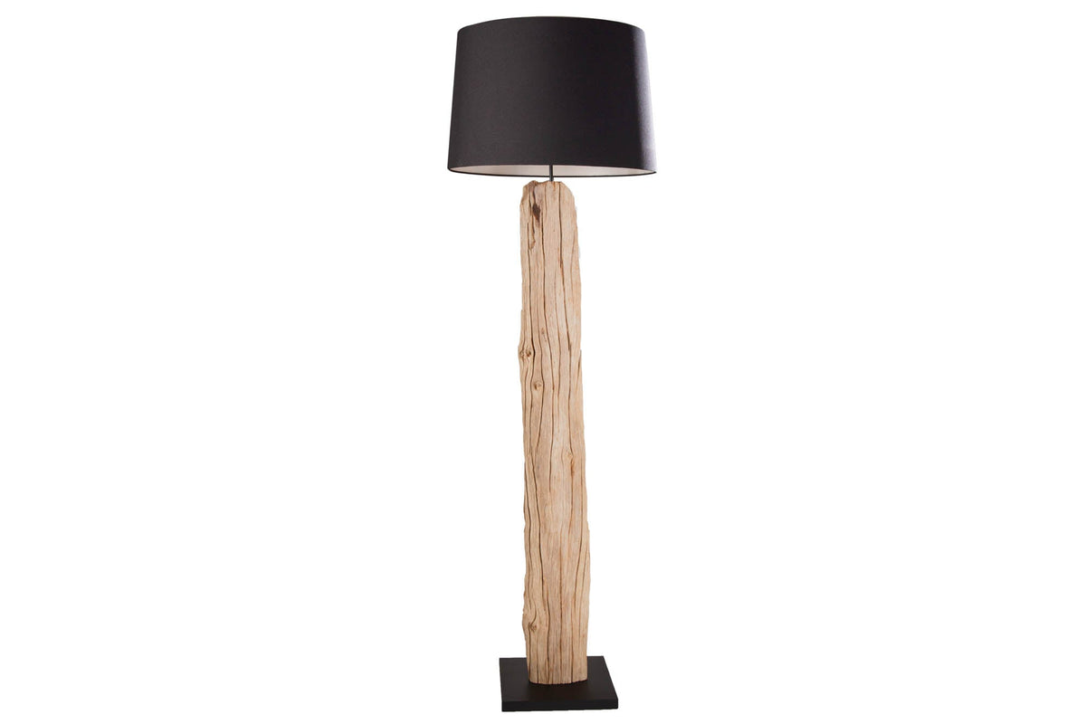 Lampadaire fait main ROUSILIQUE 180cm lampe en bois flotté noir abat-jour en lin tronc d’arbre