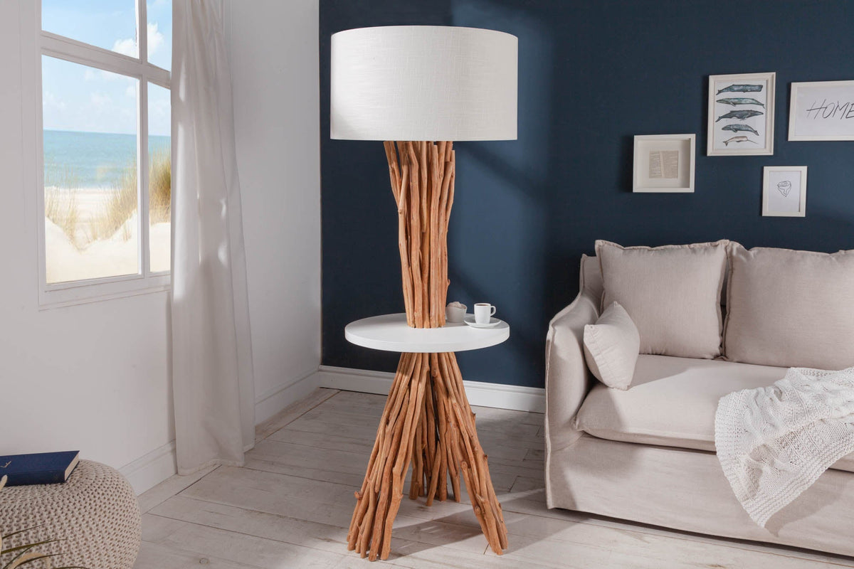 Lampadaire fonctionnel SERVANT 153cm en bois de longane massif avec abat-jour en lin et table