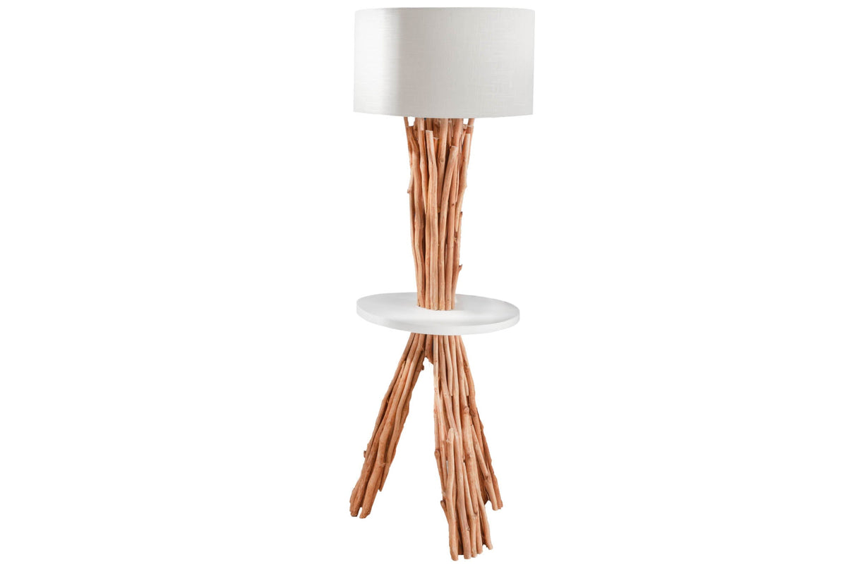 Lampadaire fonctionnel SERVANT 153cm en bois de longane massif avec abat-jour en lin et table