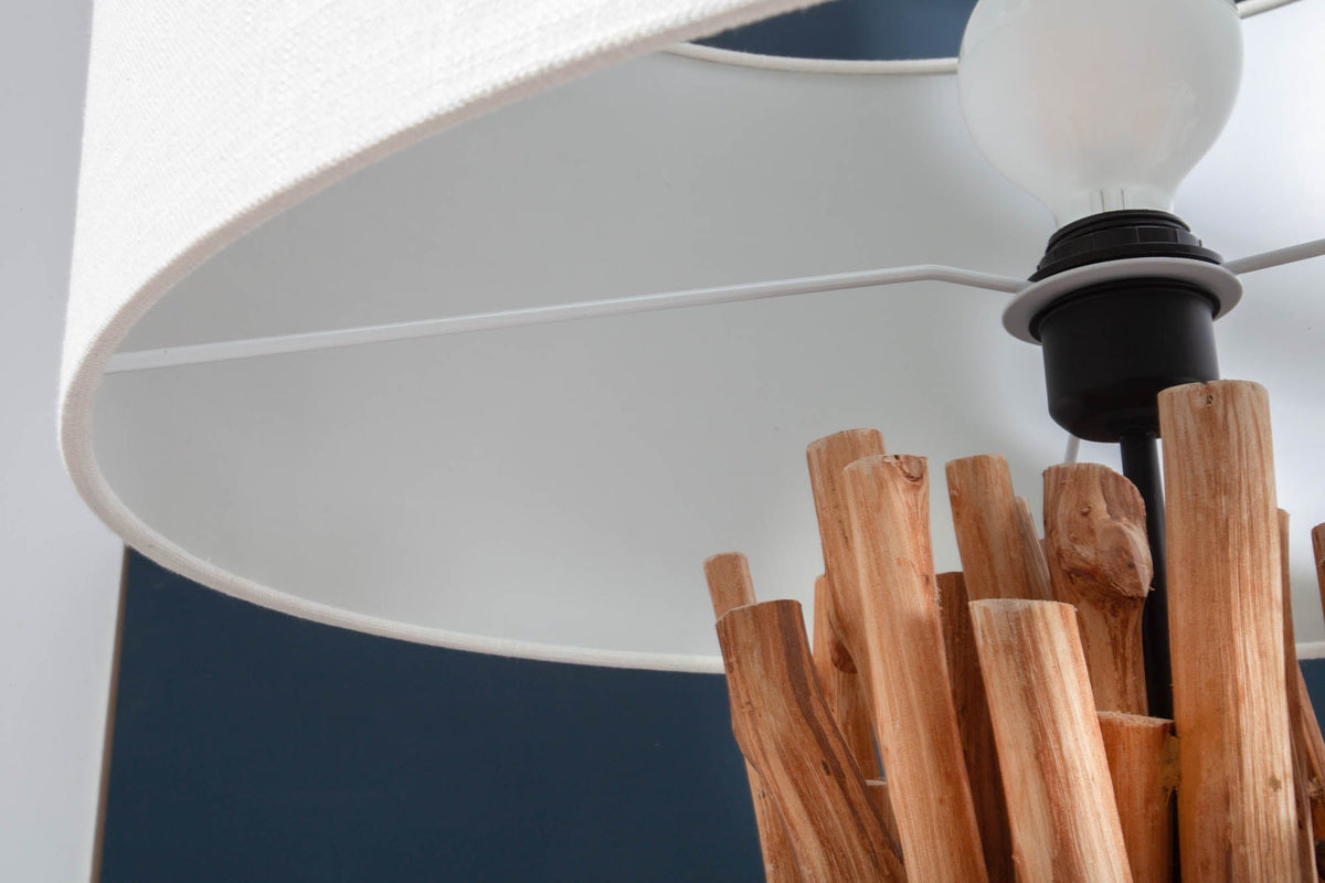 Lampadaire fonctionnel SERVANT 153cm en bois de longane massif avec abat-jour en lin et table