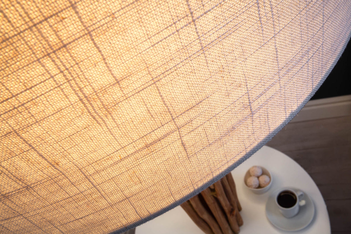 Lampadaire fonctionnel SERVANT 153cm en bois de longane massif avec abat-jour en lin et table
