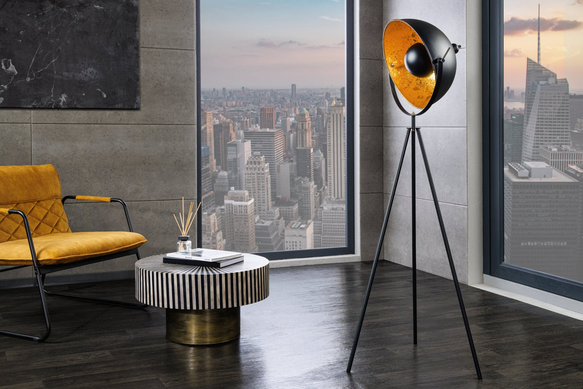Lampadaire industriel STUDIO 150cm aspect feuille d’or noir abat-jour inclinable