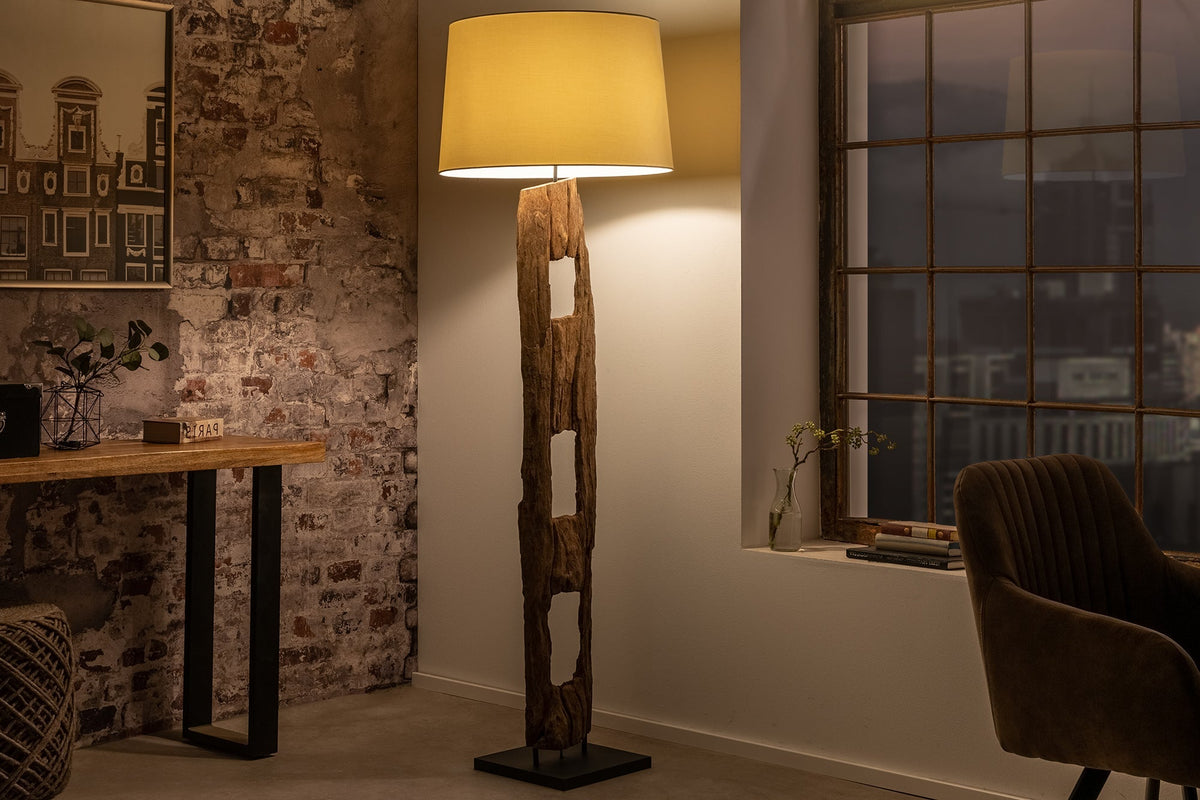 Lampadaire massif BARRACUDA 177cm bois d’acacia naturel abat-jour en coton tronc d’arbre blanc