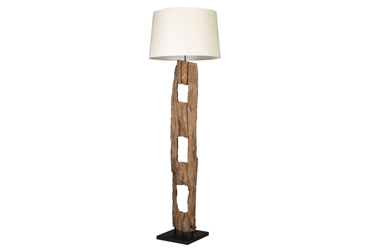 Lampadaire massif BARRACUDA 177cm bois d’acacia naturel abat-jour en coton tronc d’arbre blanc