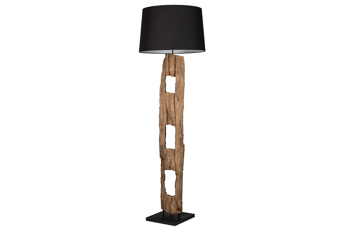 Lampadaire massif BARRACUDA 177cm coton acacia naturel abat-jour tronc d’arbre noir