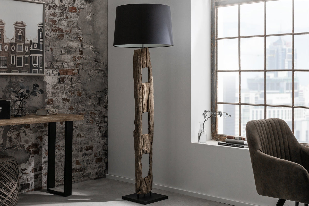 Lampadaire massif BARRACUDA 177cm coton acacia naturel abat-jour tronc d’arbre noir