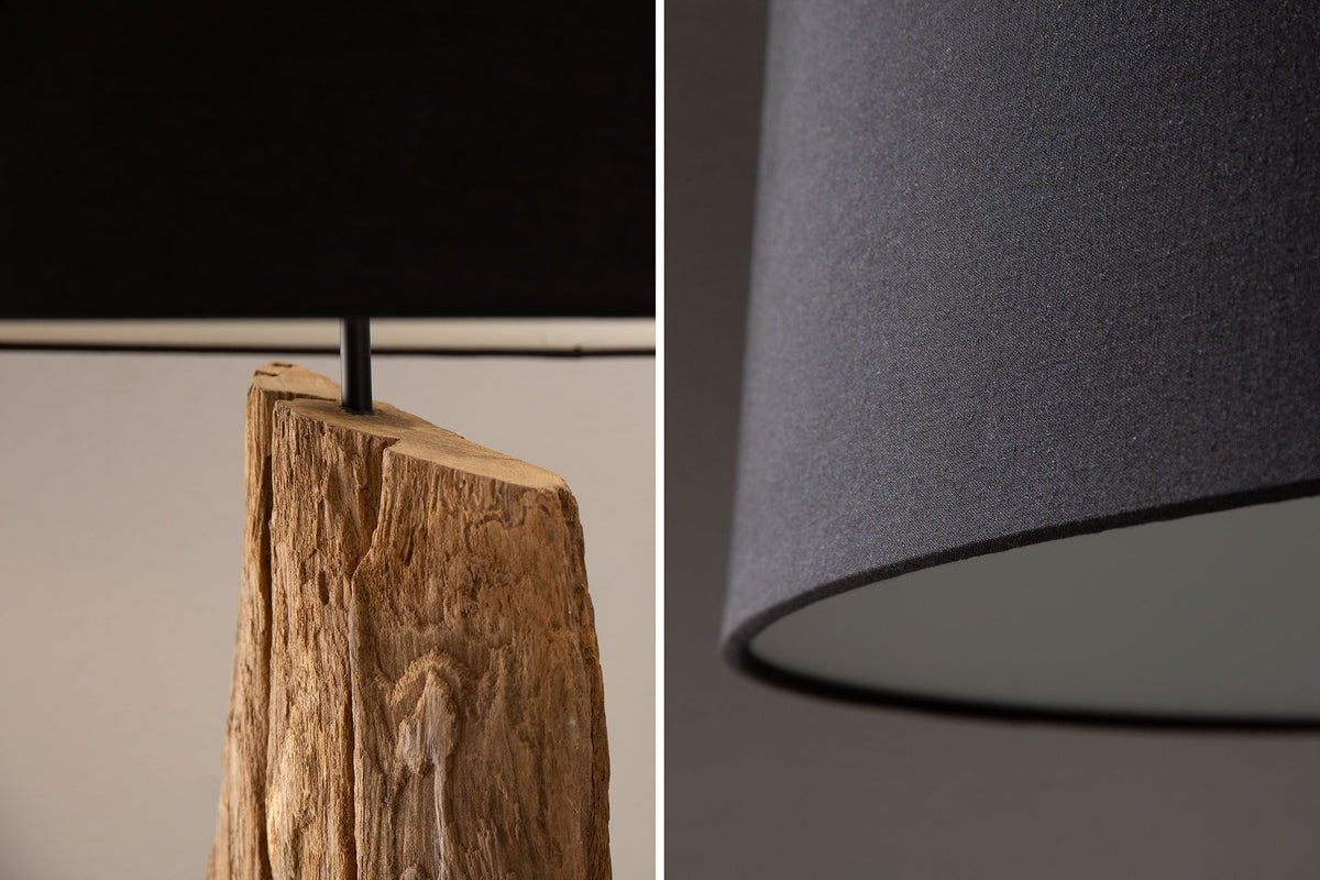 Lampadaire massif BARRACUDA 177cm coton acacia naturel abat-jour tronc d’arbre noir