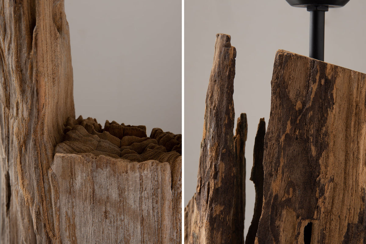 Lampadaire massif BARRACUDA 177cm coton acacia naturel abat-jour tronc d’arbre noir