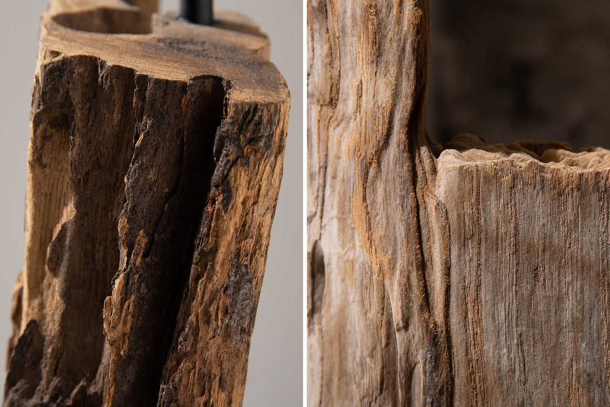 Lampadaire massif BARRACUDA 177cm coton acacia naturel abat-jour tronc d’arbre noir