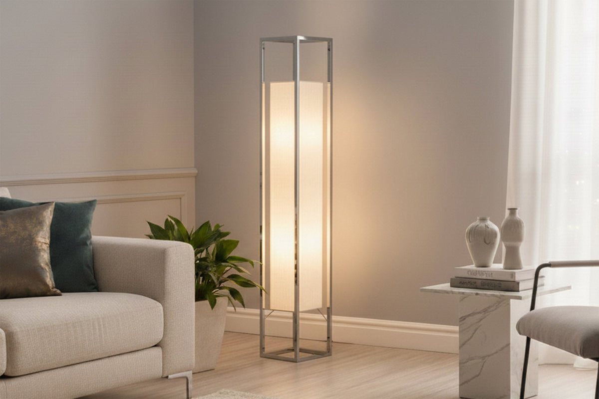 Lampadaire moderne AGAPUNE 120cm blanc argent avec abat-jour en papier et structure en acier inoxydable