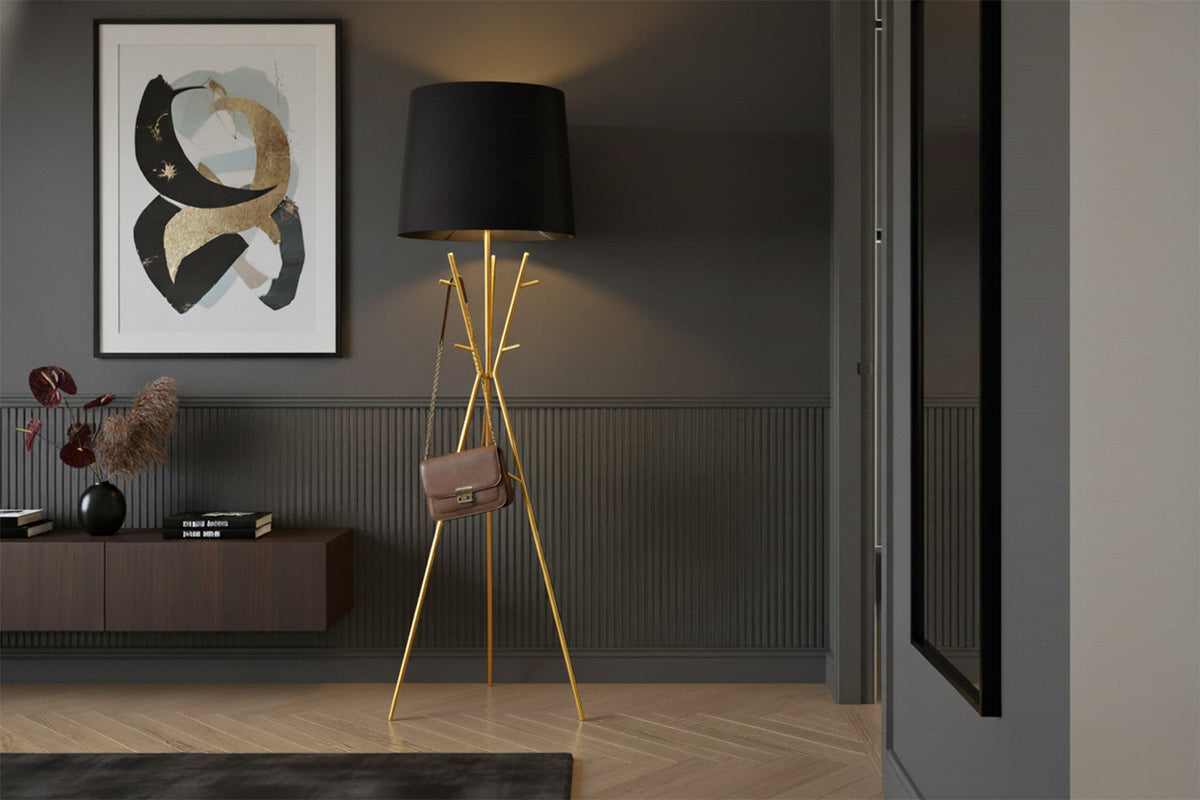 Lampadaire polyvalent WARDROBE 175cm armoire noire dorée avec abat-jour en tissu métal