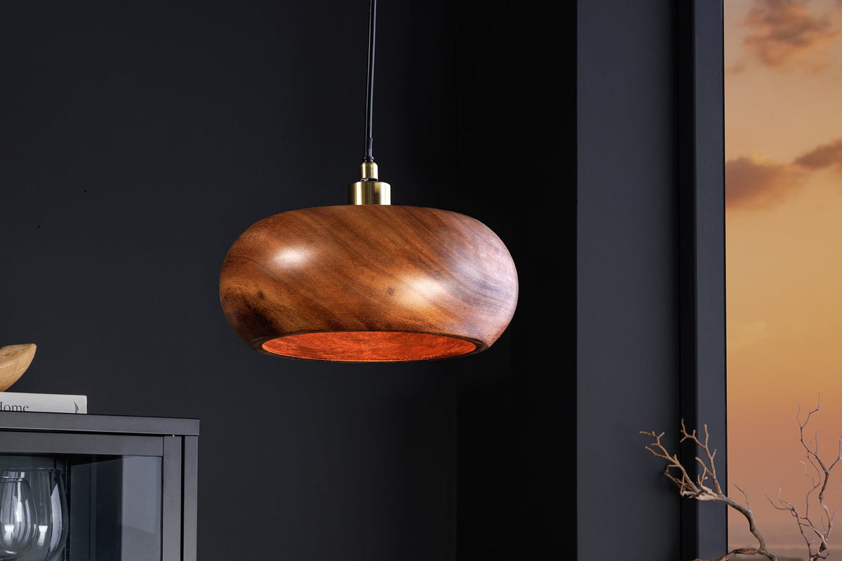 Lampe à suspension ronde ALVA 25cm en bois d’acacia naturel et en fer