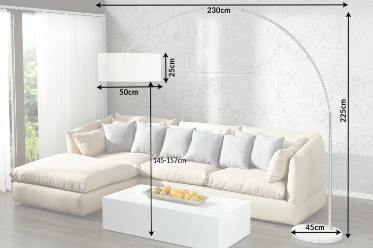 Lampe arc design EXTENSO 230cm lampadaire blanc avec socle en marbre blanc