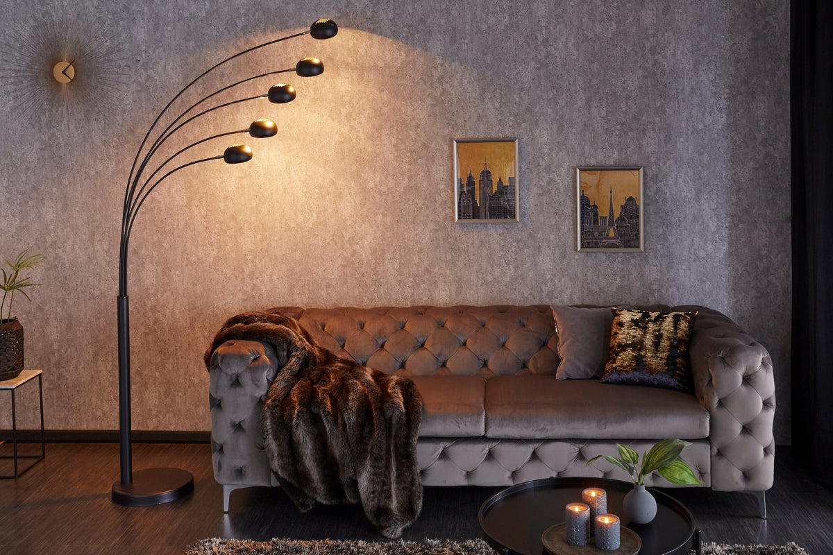 Lampe arc design FIVE LIGHTS 210cm lampadaire noir doré avec socle en marbre