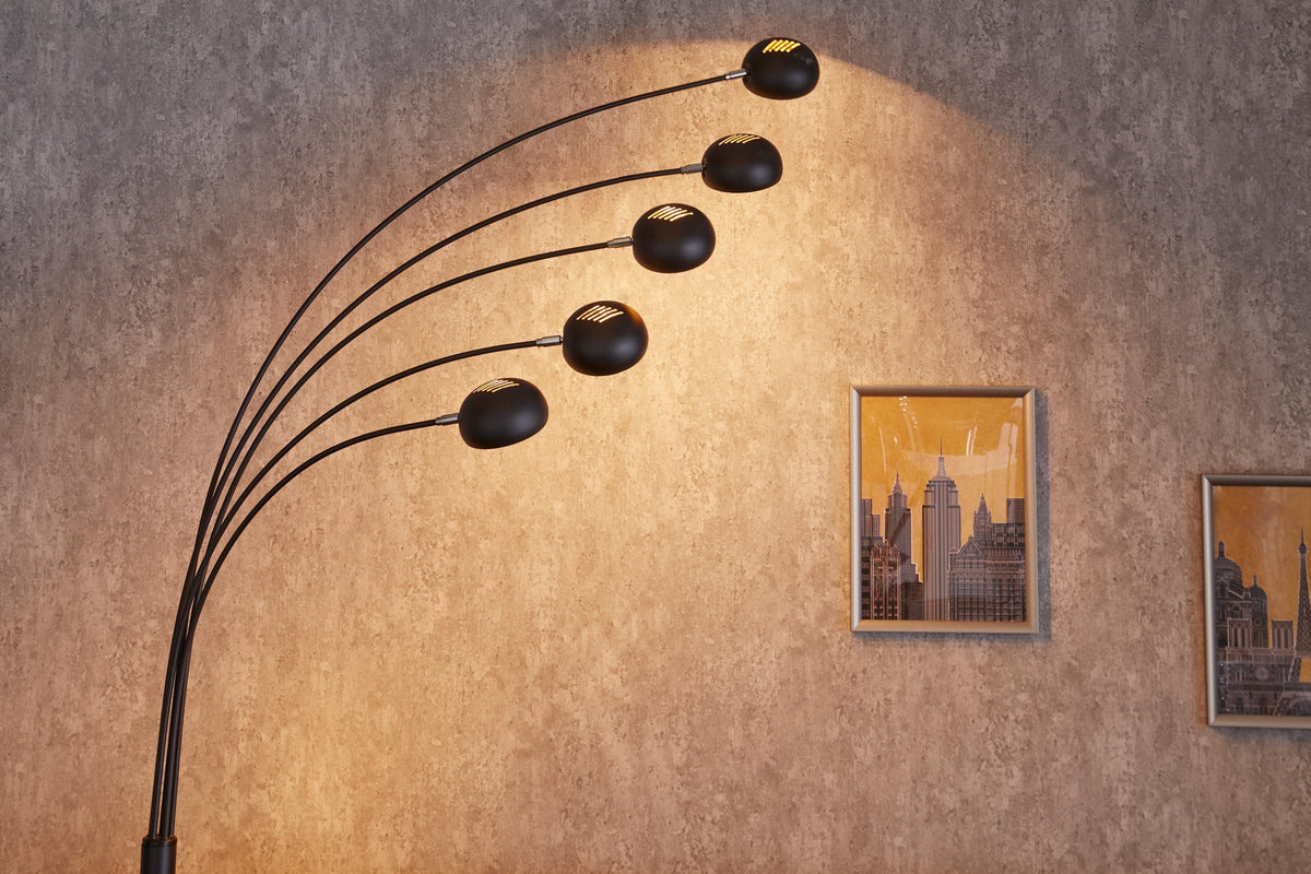 Lampe arc design FIVE LIGHTS 210cm lampadaire noir doré avec socle en marbre