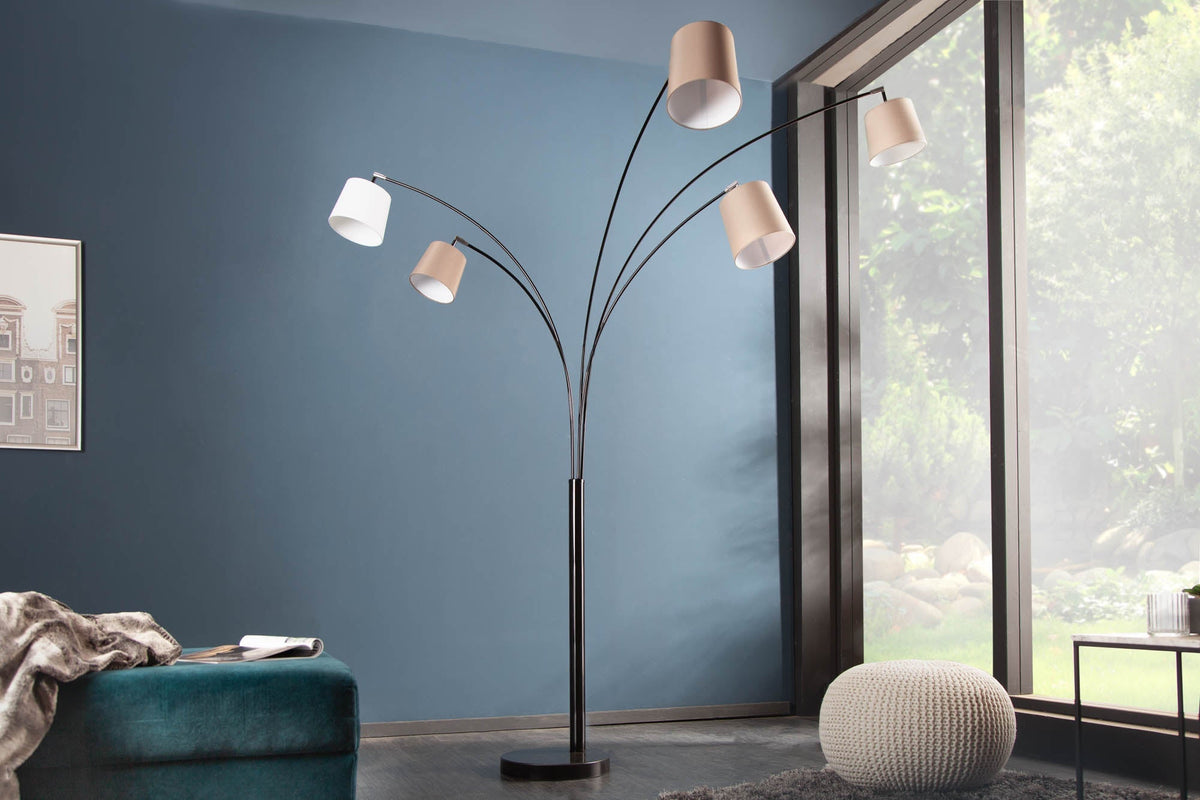 Lampe arc design LEVELS 205cm blanc beige marron 5 abat-jour lin lampadaire