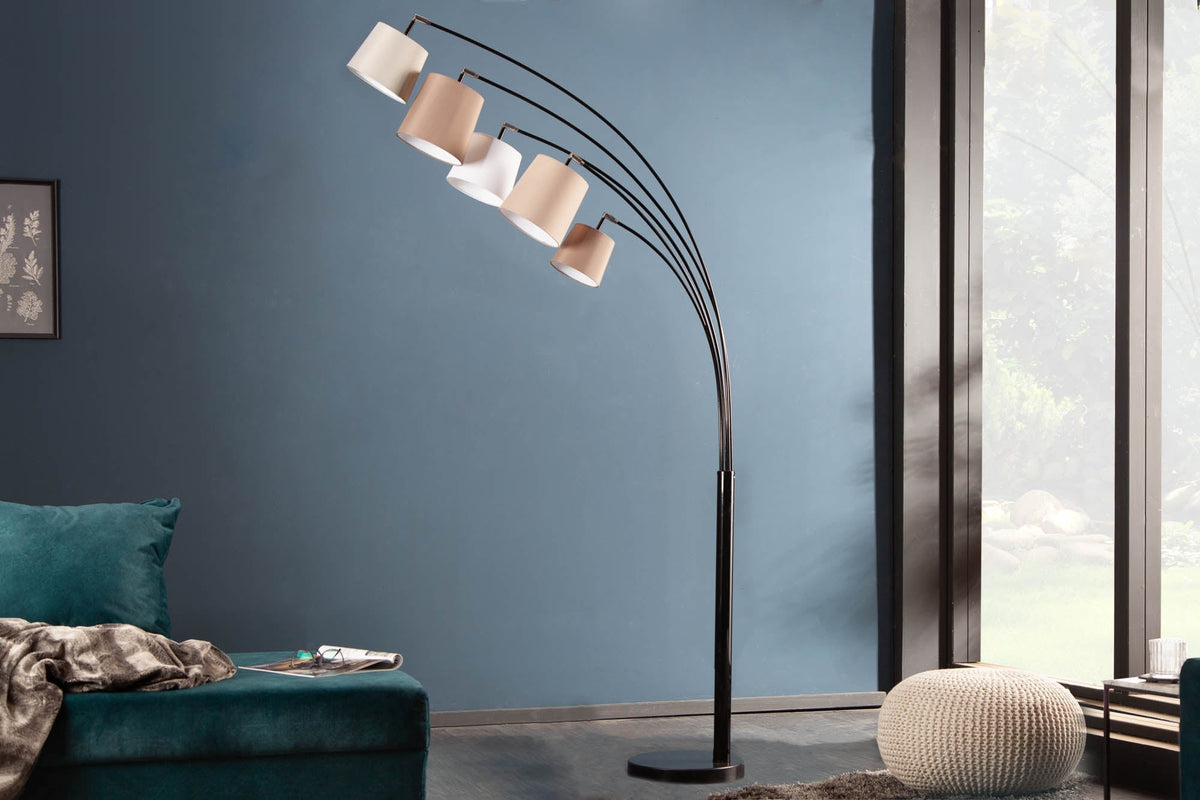 Lampe arc design LEVELS 205cm blanc beige marron 5 abat-jour lin lampadaire