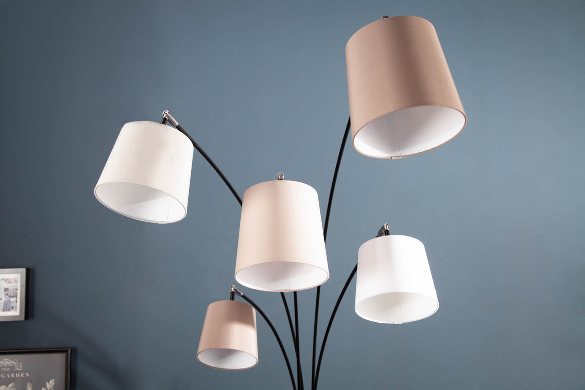Lampe arc design LEVELS 205cm blanc beige marron 5 abat-jour lin lampadaire