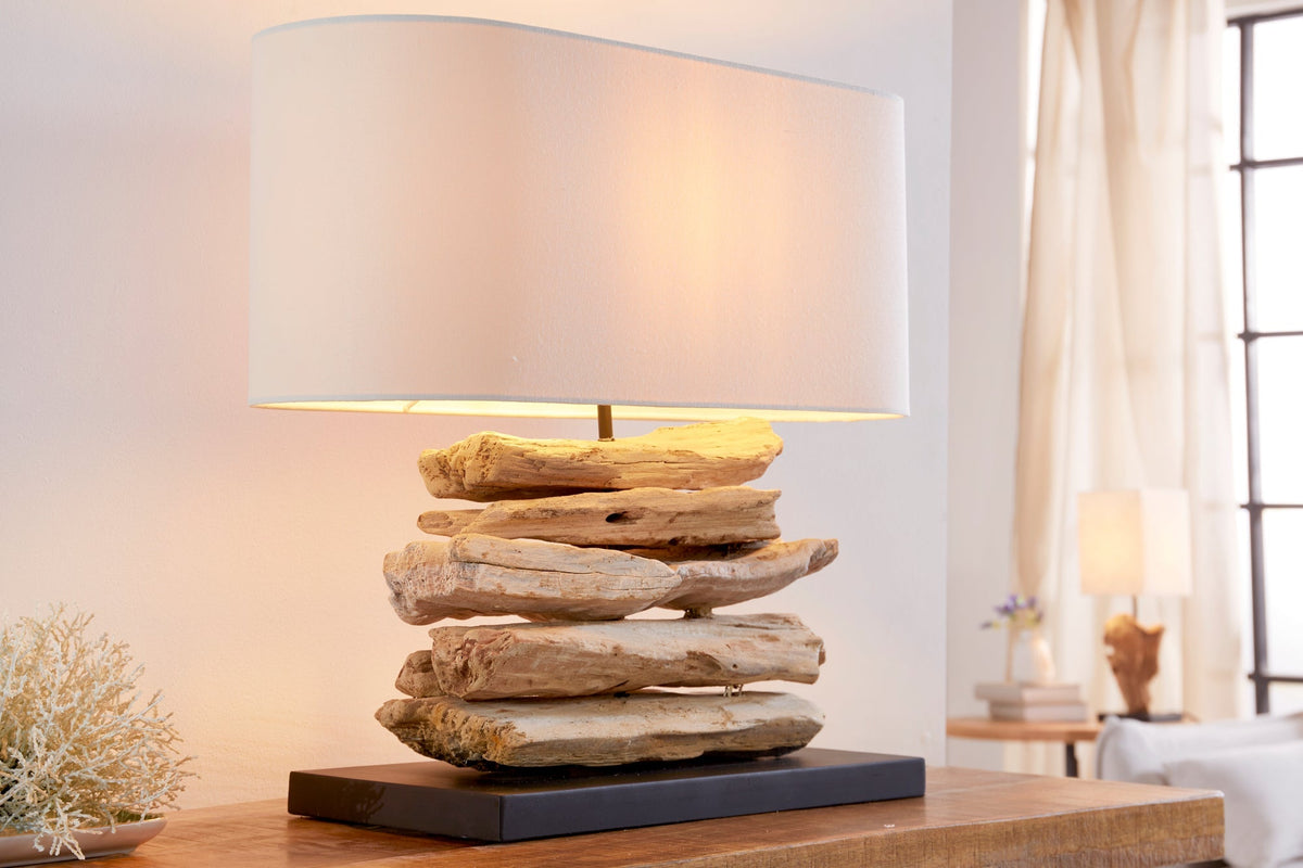 Lampe artisanale en bois flotté RIVERINE 55 cm crème abat-jour en lin de table