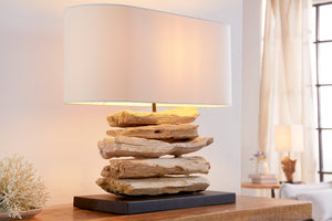 Lampe artisanale en bois flotté RIVERINE 55 cm crème abat-jour en lin de table