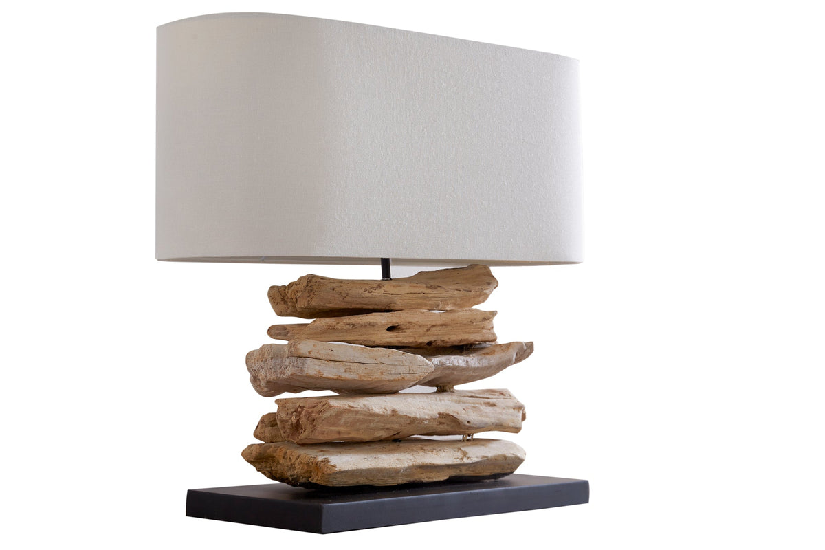 Lampe artisanale en bois flotté RIVERINE 55 cm crème abat-jour en lin de table
