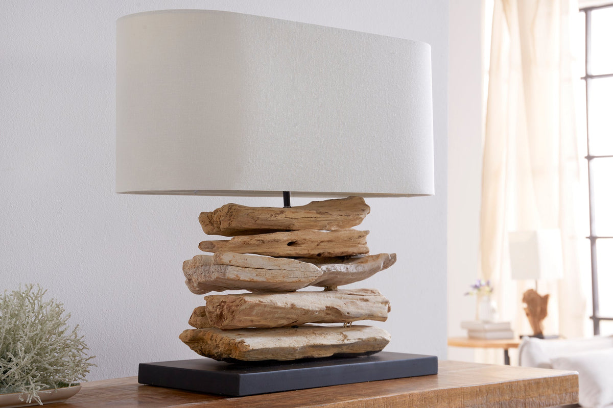 Lampe artisanale en bois flotté RIVERINE 55 cm crème abat-jour en lin de table